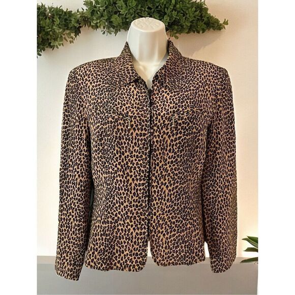 Allison Taylor Animal Print Silk Blazer Jacket Full Zip Lined Black Brown Size S - Picture 1 of 9